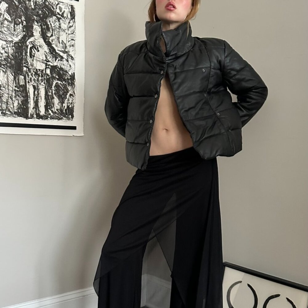 Vintage Black Leather Puffer Jacket